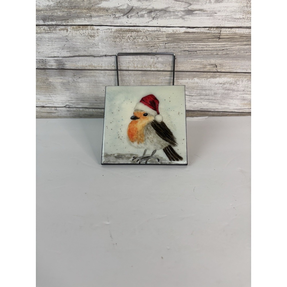 Decorative Tile  Painting of Bird Holiday Christmas Artist Signed